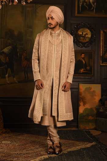 Punit Arora_Rose Gold Silk The Monochromatic Majesty Sherwani Set _Online