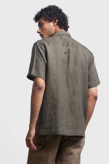 Shop_Countrymade_Brown Linen Camouflage Embroidered Shirt _at_Aza_Fashions