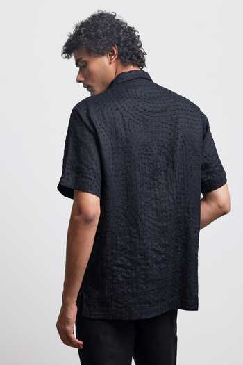 Shop_Countrymade_Black Linen Bauhaus Kantha Shirt _at_Aza_Fashions