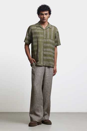 Countrymade_Olive Green Linen Bagru Chequered Shirt _Online_at_Aza_Fashions