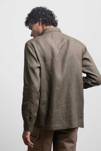 Shop_Countrymade_Olive Green Linen Bauhaus Applique Patch Shirt _at_Aza_Fashions