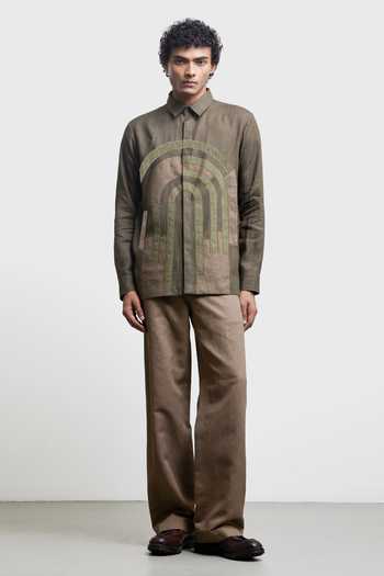 Countrymade_Olive Green Linen Bauhaus Applique Patch Shirt _Online_at_Aza_Fashions