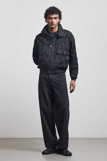 Countrymade_Black Linen, Bemberg Fray Multi Arch Flight Jacket _Online_at_Aza_Fashions