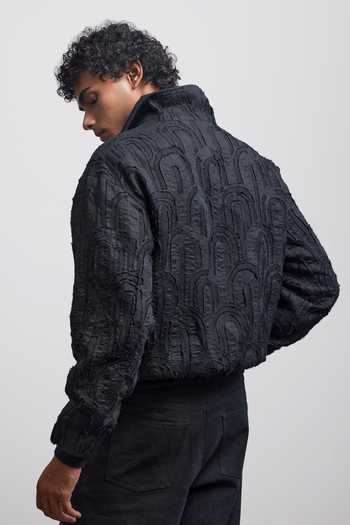 Shop_Countrymade_Black Linen, Bemberg Fray Multi Arch Flight Jacket _at_Aza_Fashions
