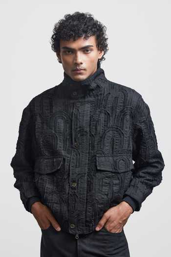 Buy_Countrymade_Black Linen, Bemberg Fray Multi Arch Flight Jacket _at_Aza_Fashions