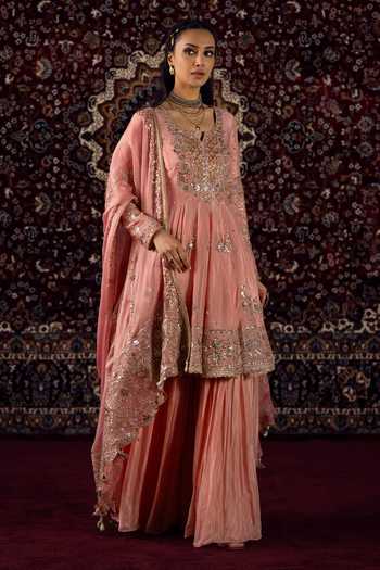 Buy_Lashkaraa_Peach Silk, Viscose, Chinon Notched Neck Embroidered Short Anarkali Sharara Set_Online_at_Aza_Fashions