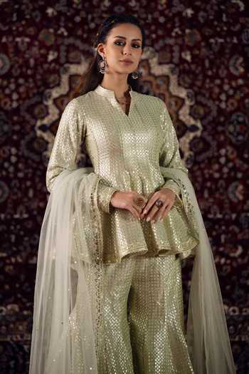 Buy_Lashkaraa_Gold Net, Viscose, Tissue Mandarin Collar Sequin Embellished Peplum Kurta Set _Online_at_Aza_Fashions