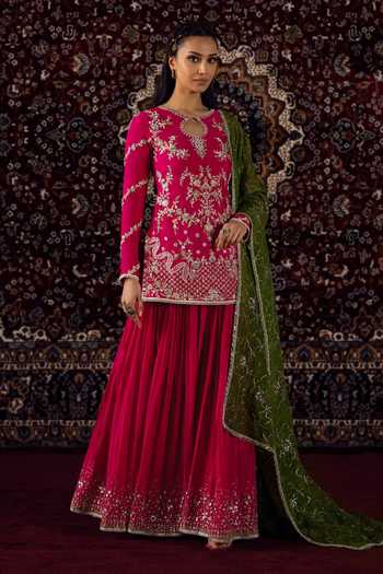 Shop_Lashkaraa_Pink Organza, Crepe, Viscose Round Neck, Yes Zari Embroidered Kurta Sharara Set _Online_at_Aza_Fashions