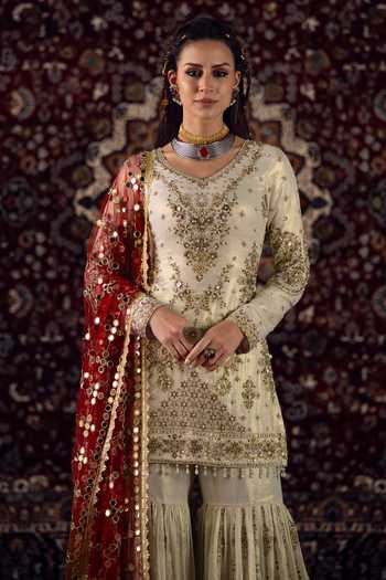 Shop_Lashkaraa_Ivory Georgette, Net V-neck Zari Work Kurta Sharara Set _Online_at_Aza_Fashions