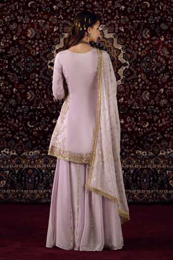 Lashkaraa_Purple Silk, Viscose V-neck Embroidered Kurta Sharara Set _Online_at_Aza_Fashions