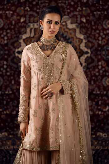 Buy_Lashkaraa_Peach Satin, Net V-neck, Yes Embroidered Kurta Gharara Set _Online_at_Aza_Fashions