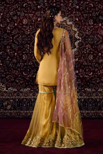 Lashkaraa_Yellow Tissue, Net Round Neck, Yes Zari Embroidered Kurta Gharara Set _Online_at_Aza_Fashions