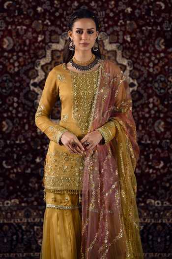 Buy_Lashkaraa_Yellow Tissue, Net Round Neck, Yes Zari Embroidered Kurta Gharara Set _Online_at_Aza_Fashions