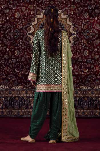 Lashkaraa_Emerald Green Silk, Chinon Sequins V-neck, Yes Embroidered Kurta Dhoti Pant Set _Online_at_Aza_Fashions