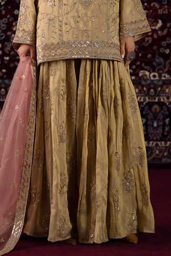 Buy_Lashkaraa_Gold Tissue, Net Round Neck Zari Work Kurta Gharara Set _Online_at_Aza_Fashions