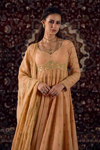 Buy_Lashkaraa_Peach Georgette Scoop Neck Zari Work Anarkali Sharara Set _Online_at_Aza_Fashions
