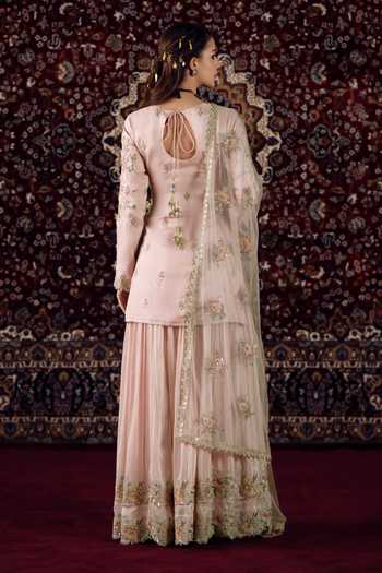 Lashkaraa_Pink Silk High Neck Embroidered Kurta Sharara Set _Online_at_Aza_Fashions
