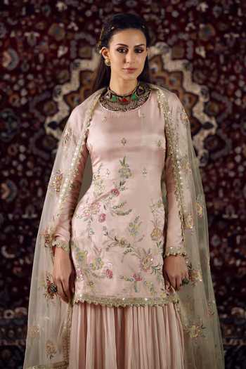 Shop_Lashkaraa_Pink Silk High Neck Embroidered Kurta Sharara Set _Online_at_Aza_Fashions