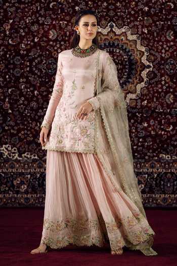 Lashkaraa_Pink Silk High Neck Embroidered Kurta Sharara Set _at_Aza_Fashions