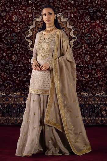 Shop_Lashkaraa_Purple Silk, Organza, Tissue Notched Neck Sequin Work Kurta Set _Online_at_Aza_Fashions