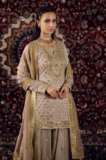 Lashkaraa_Purple Silk, Organza, Tissue Notched Neck Sequin Work Kurta Set _at_Aza_Fashions