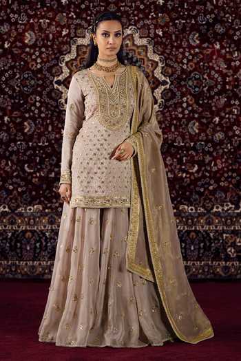 Buy_Lashkaraa_Purple Silk, Organza, Tissue Notched Neck Sequin Work Kurta Set _at_Aza_Fashions