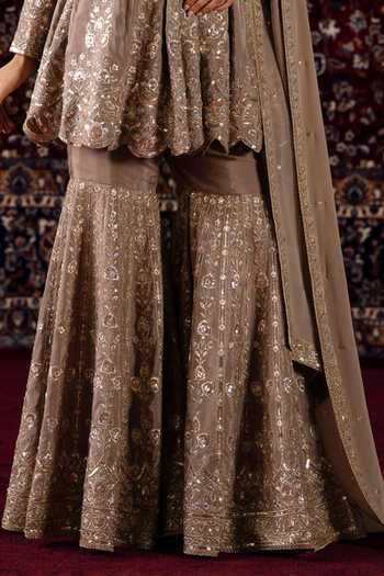 Shop_Lashkaraa_Brown Silk, Viscose, Chinon Round Neck, Yes Embroidered Kurta Gharara Set _Online_at_Aza_Fashions