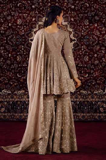 Lashkaraa_Brown Silk, Viscose, Chinon Round Neck, Yes Embroidered Kurta Gharara Set _Online_at_Aza_Fashions
