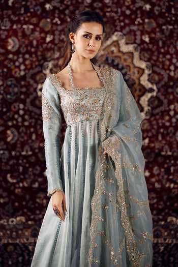 Shop_Lashkaraa_Blue Organza Square Neck Embroidered Anarkali With Dupatta _Online_at_Aza_Fashions