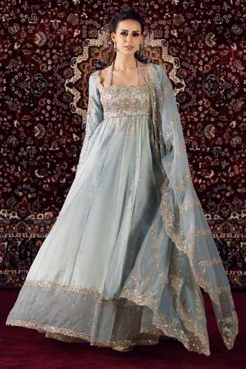 Lashkaraa_Blue Organza Square Neck Embroidered Anarkali With Dupatta _Online_at_Aza_Fashions