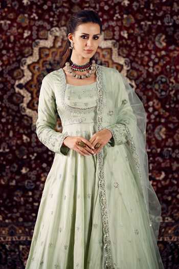 Lashkaraa_Green Silk, Net Square Neck Embroidered Anarkali With Dupatta _Online_at_Aza_Fashions