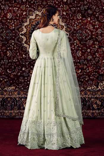 Shop_Lashkaraa_Green Silk, Net Square Neck Embroidered Anarkali With Dupatta _at_Aza_Fashions