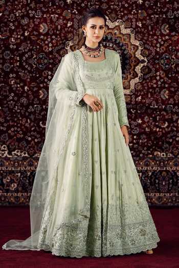 Buy_Lashkaraa_Green Silk, Net Square Neck Embroidered Anarkali With Dupatta _at_Aza_Fashions