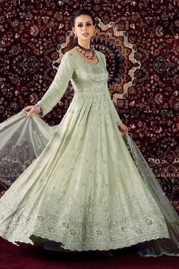 Shop_Lashkaraa_Green Silk, Net Square Neck Embroidered Anarkali With Dupatta _Online_at_Aza_Fashions