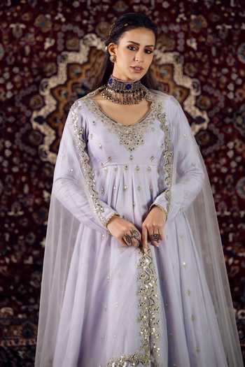 Buy_Lashkaraa_Purple Chiffon, Shantoon, Net V-neck Zari Work Anarkali With Dupatta _Online_at_Aza_Fashions