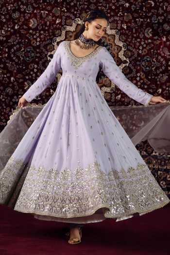 Lashkaraa_Purple Chiffon, Shantoon, Net V-neck Zari Work Anarkali With Dupatta _at_Aza_Fashions