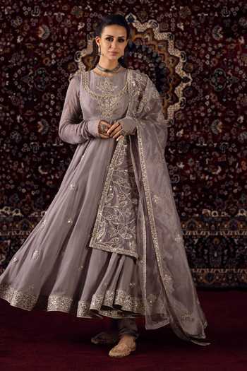 Buy_Lashkaraa_Purple Organza, Crepe Round Neck Embroidered Anarkali Set _Online_at_Aza_Fashions
