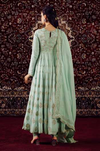Lashkaraa_Green Organza, Georgette Round Neck Floral Embroidered Anarkali Set _Online_at_Aza_Fashions
