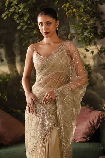Buy_Lashkaraa_Gold Viscose Georgette Sweetheart Neck Embroidered Saree And Sleeveless Blouse Set _Online_at_Aza_Fashions
