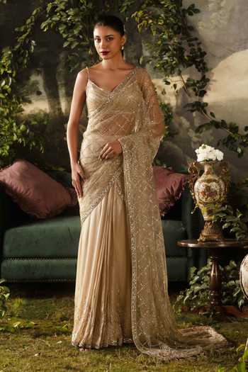 Shop_Lashkaraa_Gold Viscose Georgette Sweetheart Neck Embroidered Saree And Sleeveless Blouse Set _Online_at_Aza_Fashions