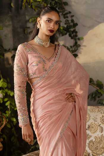 Buy_Lashkaraa_Peach Viscose Georgette V-neck Saree And Embroidered Blouse Set _Online_at_Aza_Fashions