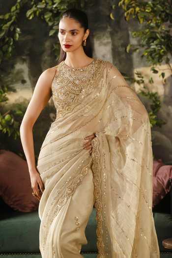 Lashkaraa_Gold Tissue Round Neck Saree And Blouse Set_Online_at_Aza_Fashions