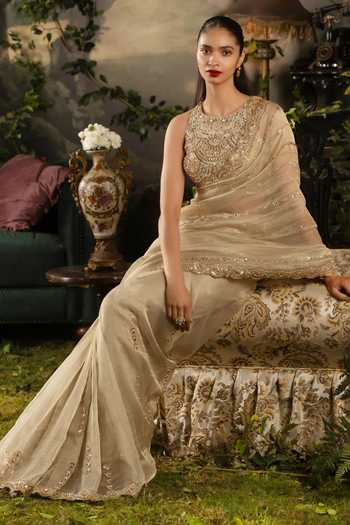 Buy_Lashkaraa_Gold Tissue Round Neck Saree And Blouse Set_Online_at_Aza_Fashions