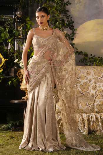 Buy_Lashkaraa_Gold Silk Sweetheart Neck Foil Saree And Blouse Set _at_Aza_Fashions