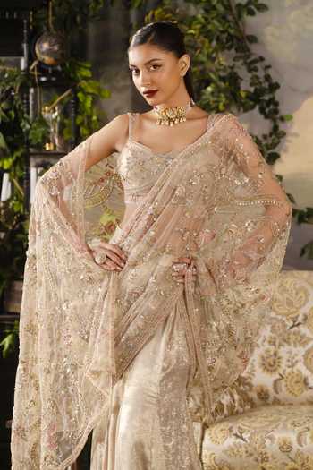 Buy_Lashkaraa_Gold Silk Sweetheart Neck Foil Saree And Blouse Set _Online_at_Aza_Fashions