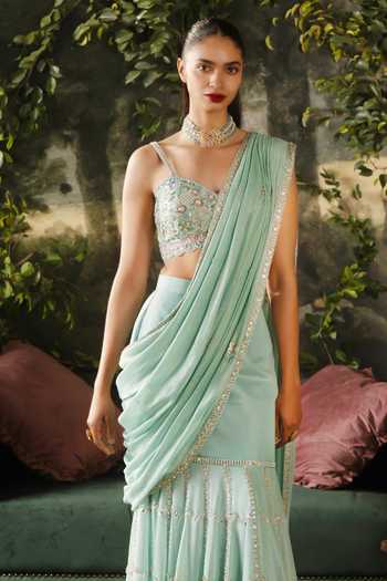 Lashkaraa_Mint Georgette Sweetheart Neck Embroidered Tiered Saree And Blouse Set_Online_at_Aza_Fashions