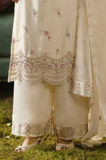 Buy_Lashkaraa_Off White Satin, Viscose, Tissue High Neck Embroidered Kurta Pant Set _Online_at_Aza_Fashions