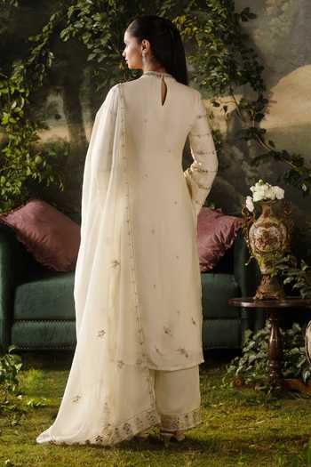 Lashkaraa_Off White Satin, Viscose, Tissue High Neck Embroidered Kurta Pant Set _Online_at_Aza_Fashions