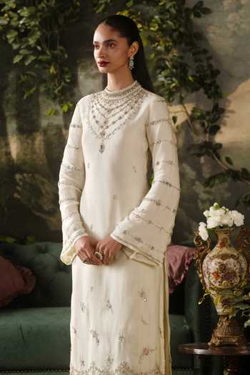 Lashkaraa_Off White Satin, Viscose, Tissue High Neck Embroidered Kurta Pant Set _at_Aza_Fashions