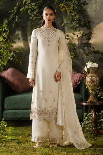 Buy_Lashkaraa_Off White Satin, Viscose, Tissue High Neck Embroidered Kurta Pant Set _at_Aza_Fashions